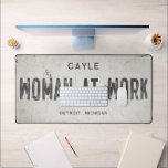 Rustic Modern Industrial Farmhouse Girl Name City Desk Mat<br><div class="desc">Elevate your living space with our exquisite industrial farmhouse desk mat, where timeless charm meets modern farmhouse aesthetics. This desk mat effortlessly combines rustic elegance with an industrial edge, featuring a faux cracked and distressed off-white background that exudes a sense of history through chipping paint and weathered textures. Personalised with...</div>