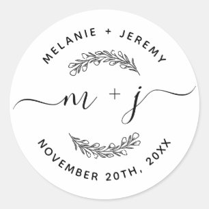 Rustic Modern Leaves Initials Script Round Wedding Classic Round Sticker