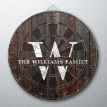 Rustic Modern Monogram Family Name Vintage Wood Dartboard<br><div class="desc">This modern, rustic dart board features your family monogram and name over a printed dark brown wood backdrop in a retro vintage typography design. Customise with your family name and initial and make this your own unique keepsake for the farmhouse style lake house, family cottage, or country cabin - or...</div>