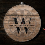 Rustic Modern Monogram Family Name Vintage Wood Dartboard<br><div class="desc">This modern, rustic dart board features your family monogram and name over a printed medium brown wood backdrop in a retro vintage typography design. Customise with your family name and initial and make this your own unique keepsake for the farmhouse style lake house, family cottage, or country cabin - or...</div>