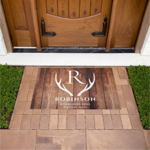 Rustic Modern Monogrammed Deer Antlers Wood Planks Doormat