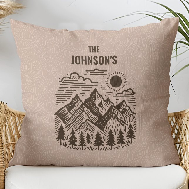 Rustic Modern Mountains Custom Cushion (Rustic Modern Mountains with Faux Wood Texture Custom Family Name Throw Pillow)