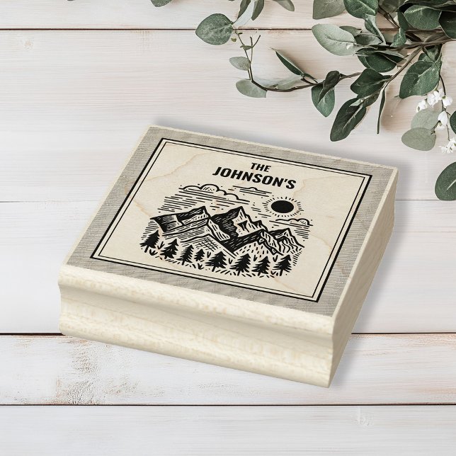 Rustic Modern Mountains Custom Rubber Stamp (Modern Rustic Mountains Custom Family Name Rubber Stamp)