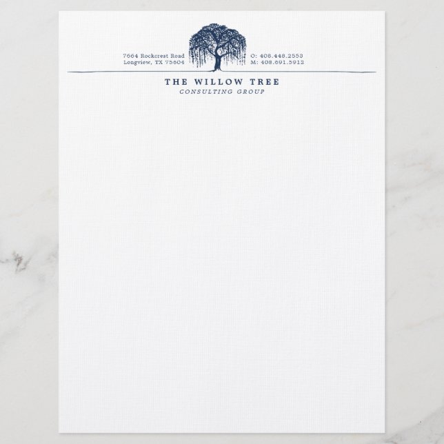 Rustic Modern Navy Blue Willow Tree Logo Custom Letterhead (Front)