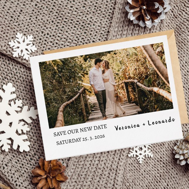 Rustic Modern Photo Save Our New Date Wedding Foil Holiday Postcard (Creator Uploaded)