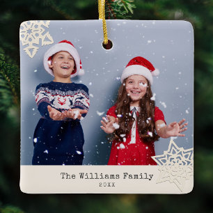 Rustic Modern Photo Snowflake Family Name Ceramic Ornament