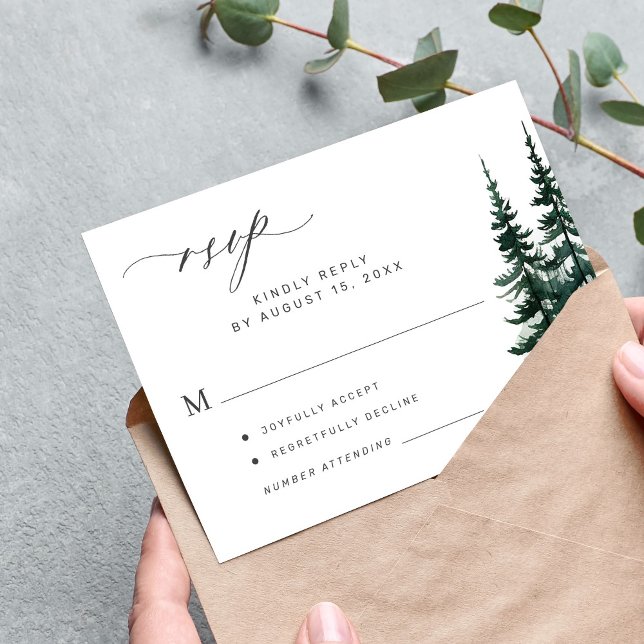 Rustic modern pine trees wedding RSVP card (Creator Uploaded)