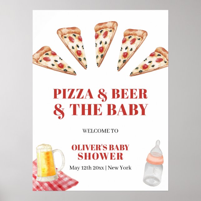 Rustic Modern Pizza Beers Baby Shower Welcome Poster (Front)