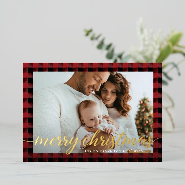 Rustic Modern Red black plaid photo Christmas Foil Holiday Card (Standing Front)