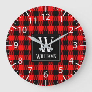Rustic Modern Red Buffalo Plaid Chequered Monogram Large Clock