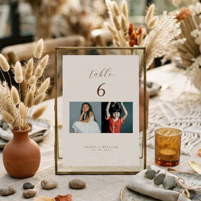 Rustic Modern Script Childhood Photos as  Table Number (Creator Uploaded)