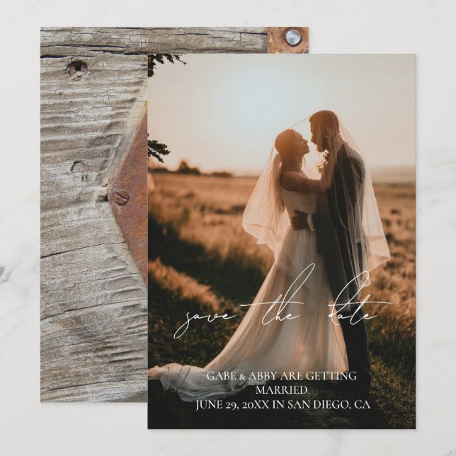 Rustic Modern Script Wedding Photo Save the Date  Invitation (Front/Back)