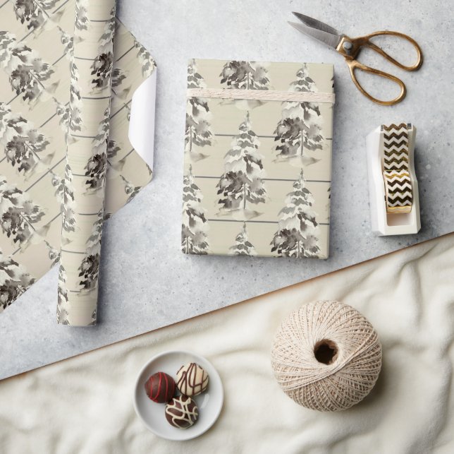 Rustic Modern Snowy Christmas Trees Wrapping Paper (Crafts)