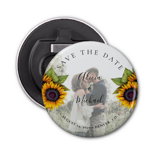 Rustic modern sunflowers photo wedding save date bottle opener (Front)