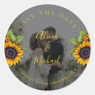 Rustic modern sunflowers photo wedding save date classic round sticker
