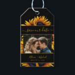 Rustic modern sunflowers wedding photo save date gift tags<br><div class="desc">Beautiful and easy to personalise photo wedding save the date favour gift tag with vibrant yellow-gold hand-painted sunflowers and elegant stripes with a trendy modern script over a solid black background. Suitable for summer and autumn fall garden backyard outdoor rustic modern weddings. The colours are changeable. If you need to...</div>