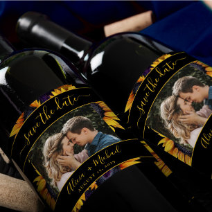 Rustic modern sunflowers wedding photo save date wine label