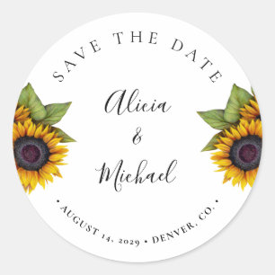 Rustic modern sunflowers wedding save date classic round sticker