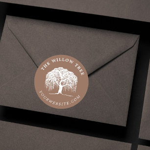 Rustic Modern Tan Brown & White Willow Tree Logo Classic Round Sticker