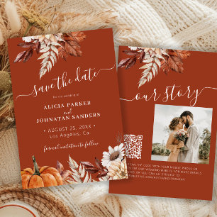 Rustic modern terracotta floral QR code wedding Save The Date