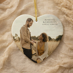 Rustic Modern Wedding Photo Heart Keepsake  Ceramic Ornament