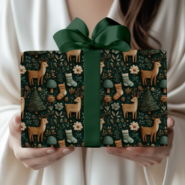 Rustic Modern Woodland Deer & Pine Tree Christmas  Wrapping Paper (Creator Uploaded)