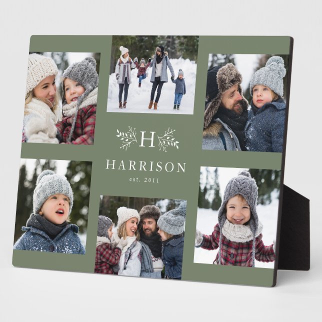 Rustic monogram 6 photo collage family name plaque (Side)