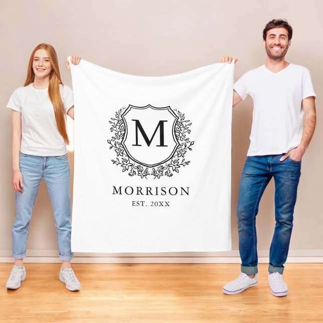 Rustic Monogram Black White Crest Newlywed Wedding Fleece Blanket (Creator Uploaded)