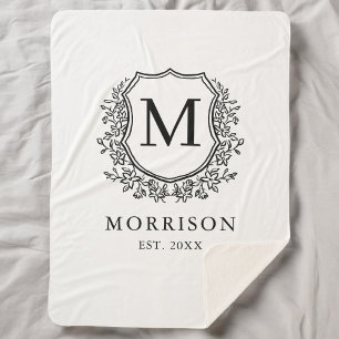 Rustic Monogram Black White Crest Newlywed Wedding Sherpa Blanket