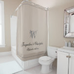 Rustic Monogram   Both Names Newlywed Wedding Chic Shower Curtain<br><div class="desc">Rustic Monogram Both Names Newlywed Wedding Chic Shower Curtain. Personalised warm beige and grey monogrammed Shower Curtain. Cool classic script for the monogram initial, the names of the bride and groom and the wedding date on a solid beige background. Perfect gift for newly weds, or beautiful for your own bathroom....</div>