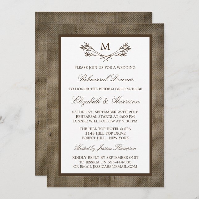 Rustic Monogram Branch Burlap Rehearsal Dinner Invitation (Front/Back)