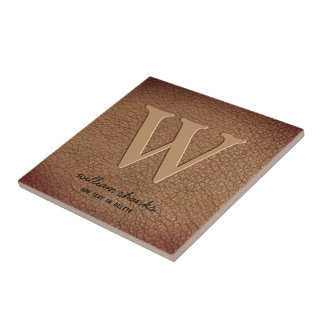 Rustic monogram brown leather custom black text ceramic tile