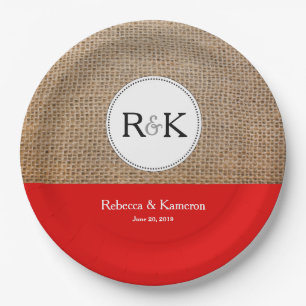 Rustic Monogram Burlap and Red Wedding Paper Plate
