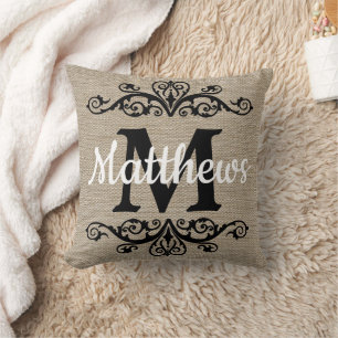 Rustic Monogram Burlap Look  Cushion