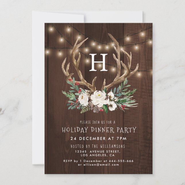 Rustic Monogram christmas holiday party invitation (Front)