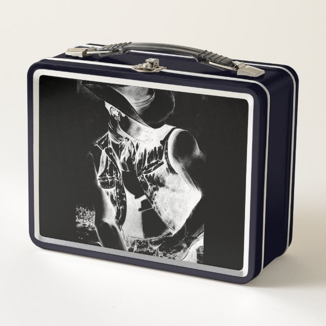 Rustic Monogram Cool Black and White Cowboy  Image Metal Lunch Box (Front)