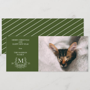 Rustic monogram Dark Green holiday photo card