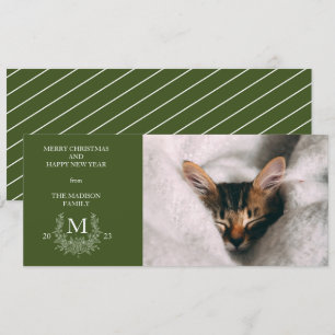 Rustic monogram Dark Green holiday photo card