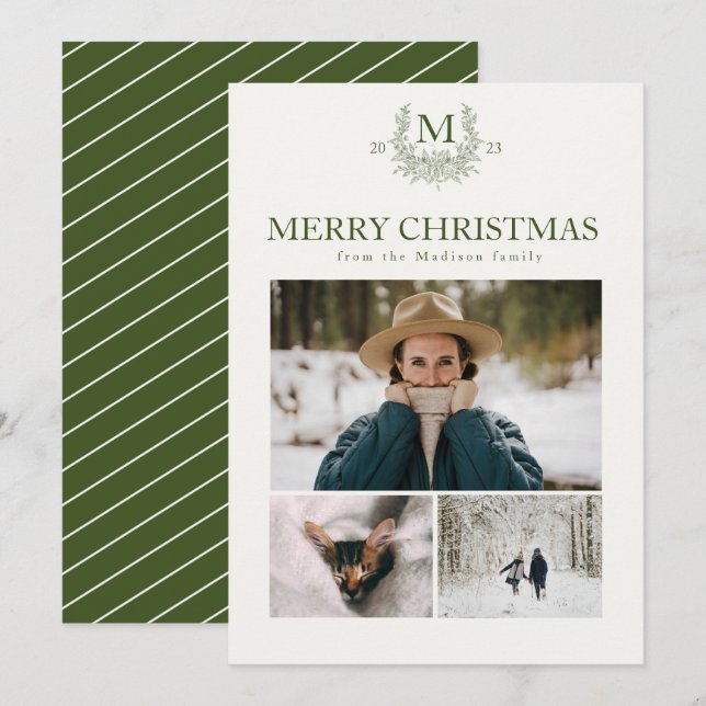 Rustic monogram  Dark Green personalised initial Holiday Card (Front/Back)