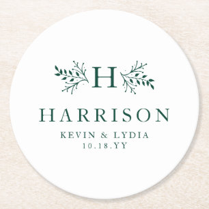 Rustic monogram dark green simple classic wedding round paper coaster