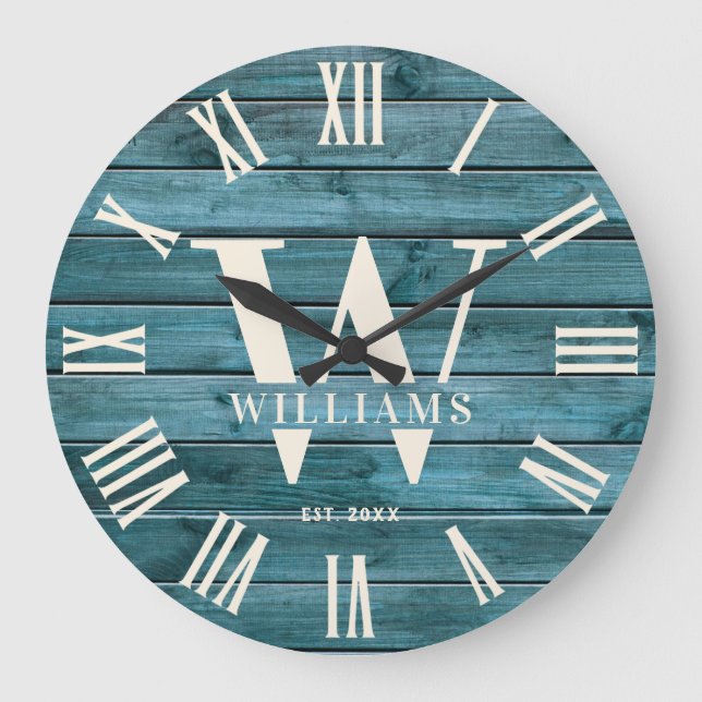 Rustic Monogram Driftwood Custom Family Name Large Clock (Front)