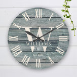 Rustic Monogram Driftwood Custom Family Name Large Clock<br><div class="desc">Personalised Family Name, monogram, and year established Rustic Modern Wall clock in a trendy farmhouse style design with roman numeral clock face and turquoise grey driftwood plank / shiplap backdrop design. Perfect gift for newlyweds, wedding or housewarming present or grandparents gift, or for a home make-over in your beach cabin,...</div>