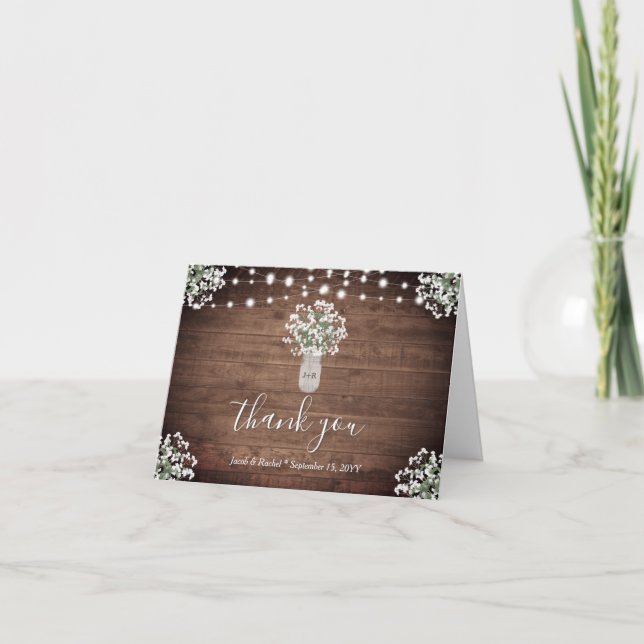 Rustic Monogram Floral Mason Jar Lights Wedding Thank You Card (Front)