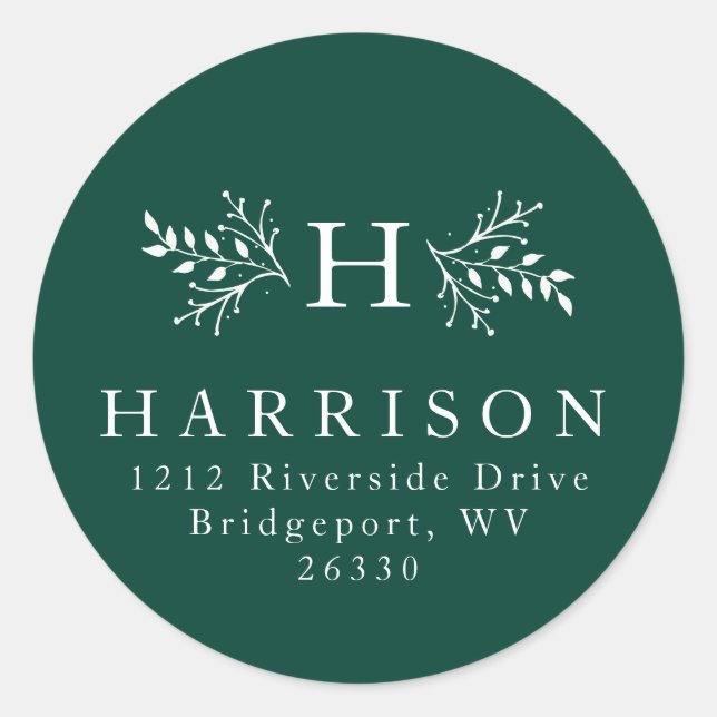 Rustic monogram green address sticker (Front)