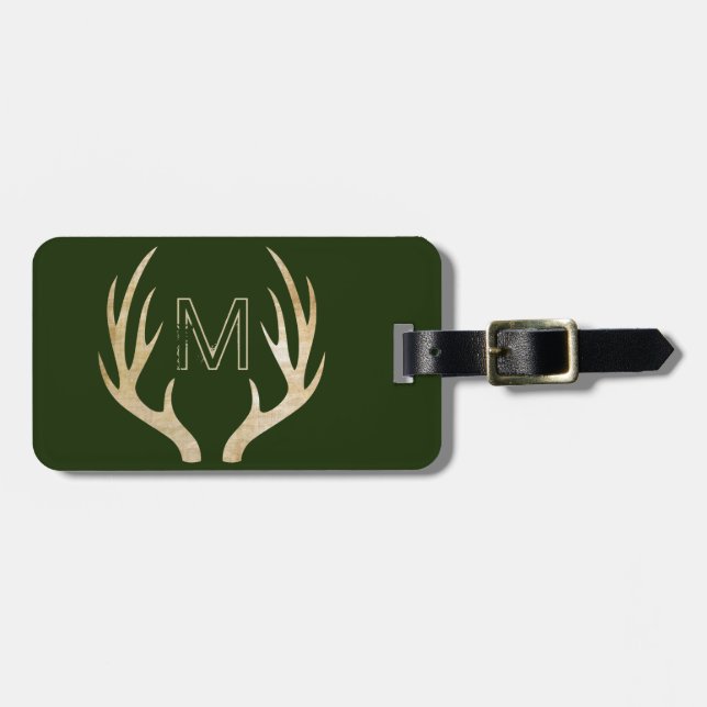 Rustic Monogram Green Custom Bag Tag with Antlers (Front Horizontal)