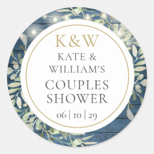 Rustic Monogram Greenery Couples Bridal Shower Classic Round Sticker