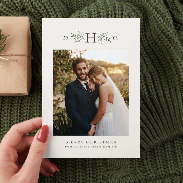 Rustic monogram holiday photo card (Creator Uploaded)