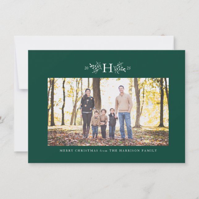 Rustic monogram hunter green Christmas photo Holiday Card (Front)