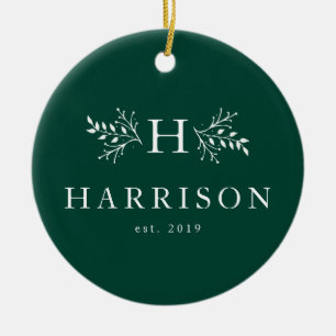 Rustic monogram hunter green newlywed photo ceramic ornament