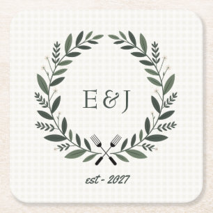 Rustic Monogram I Do BBQ Wedding Shower Square Paper Coaster